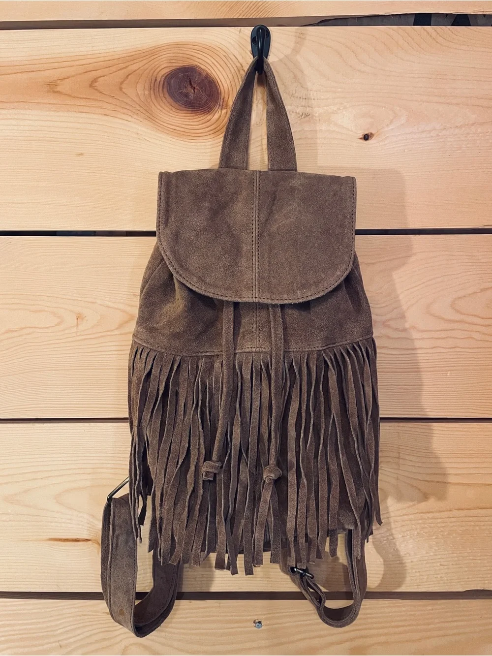 Max New York Brown Suede Leather Fringe Backpack Boho Western